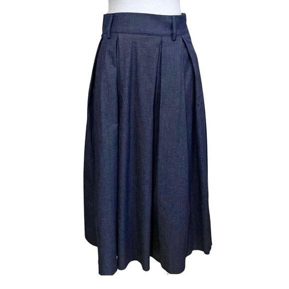 NWT VIA BOVIO DARK WASH DENIM HIGH RISE PLEATED A-LINE MIDI SKIRT - S - Picture 2 of 13